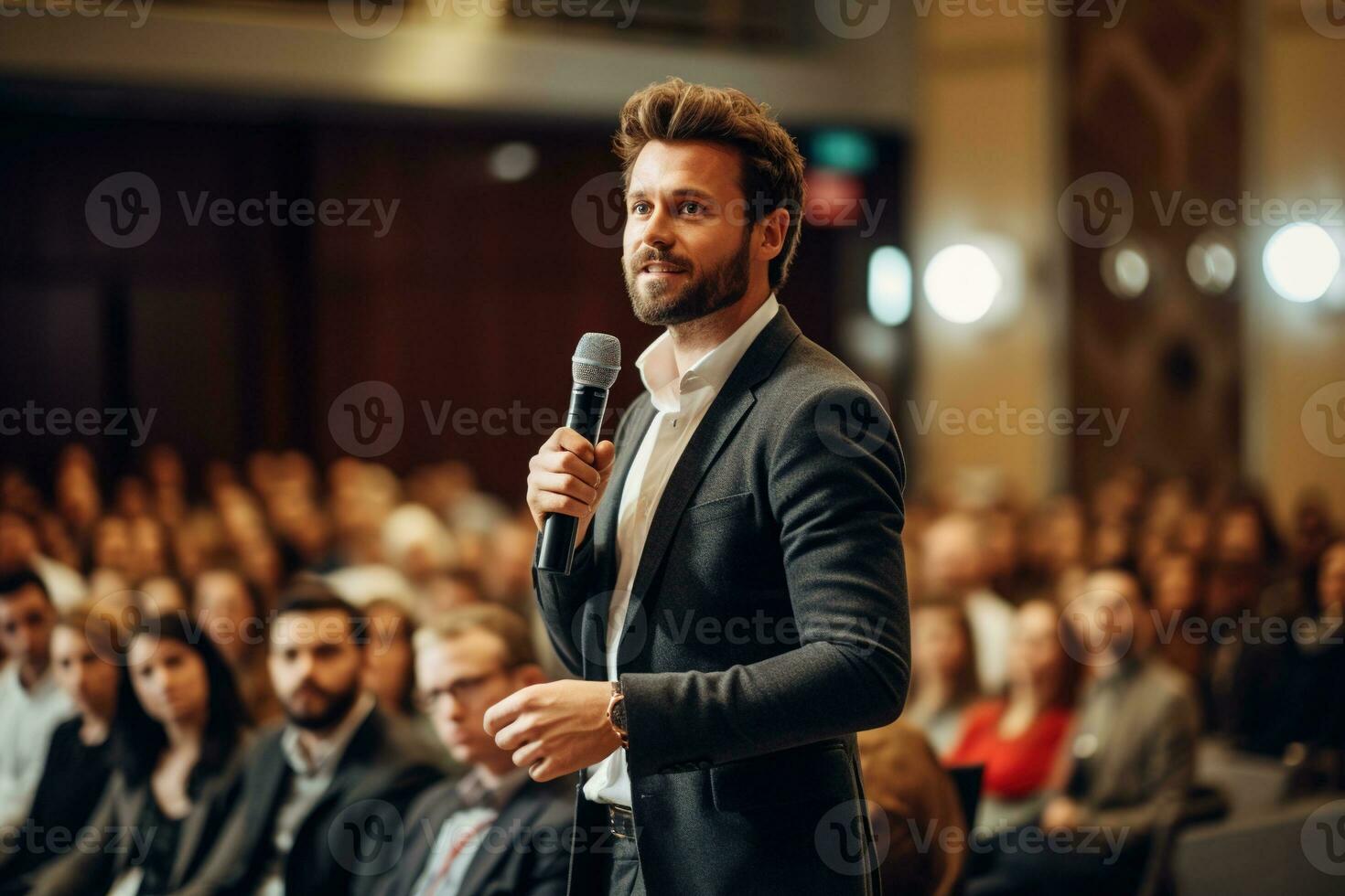 AI generated Speaker Giving a Talk at Business Conference. Audience at the conference hall. Business and Entrepreneurship. photo