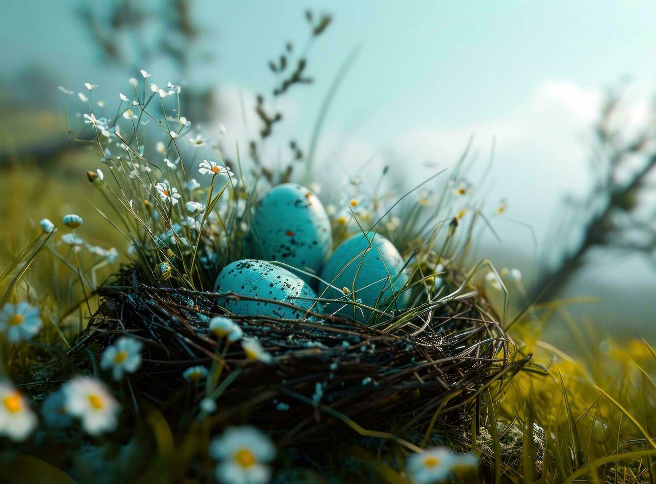 AI generated blue easter eggs are in the nest easter photo