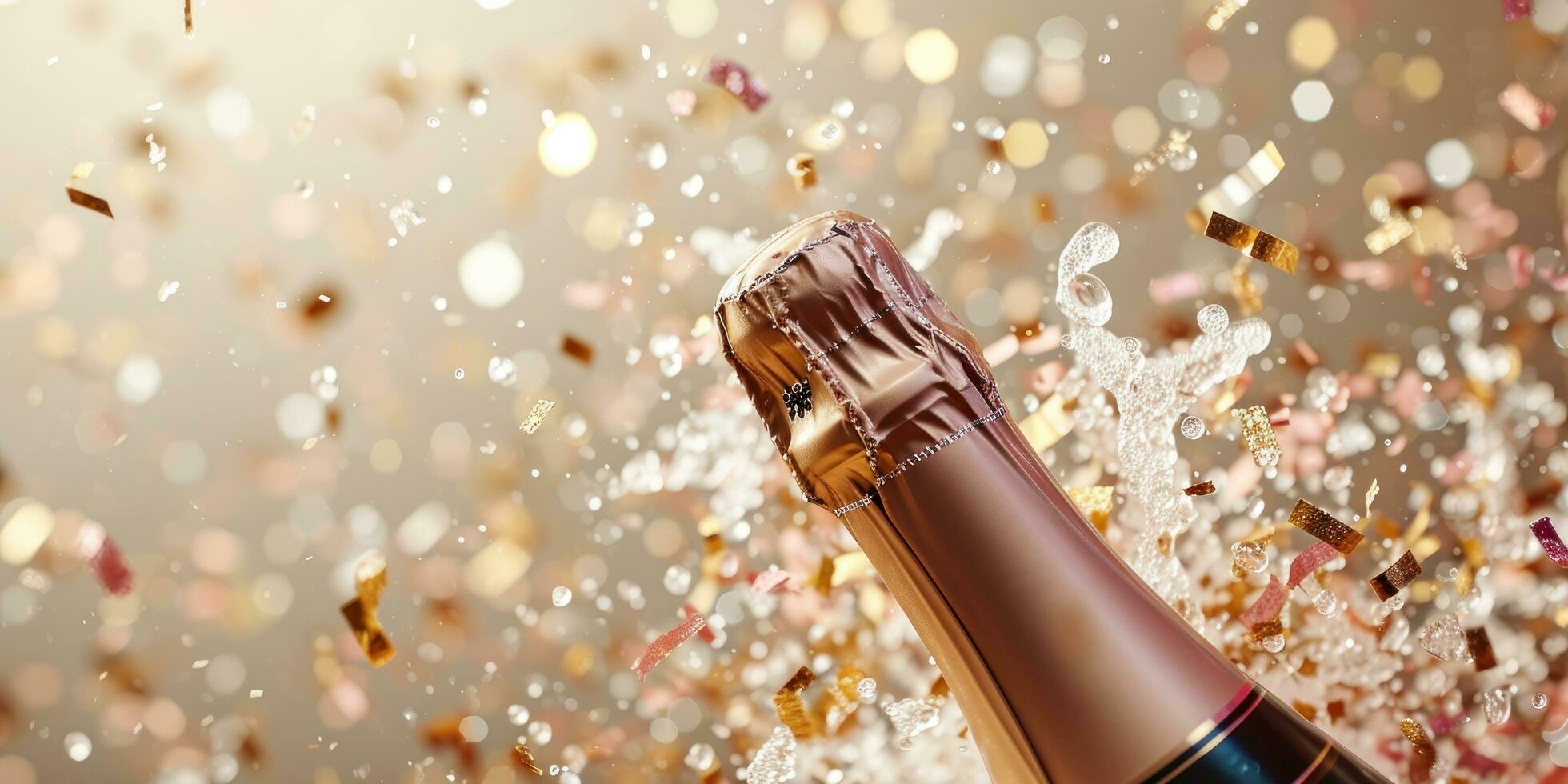 AI generated champagne bottle bursting with golden confetti on a beige background photo