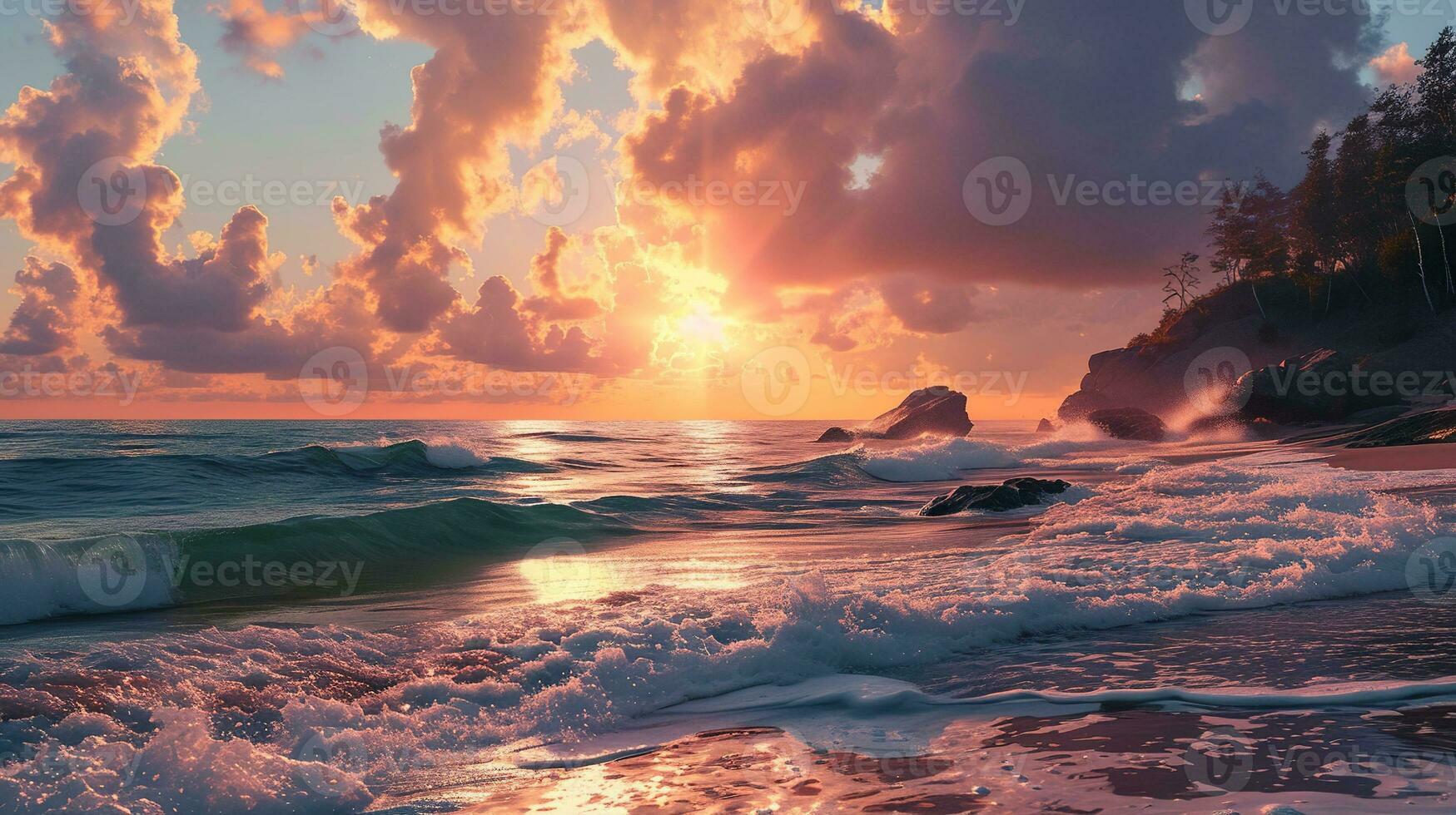AI generated Beautiful sunset on the beach. Sea waves and splashes. photo
