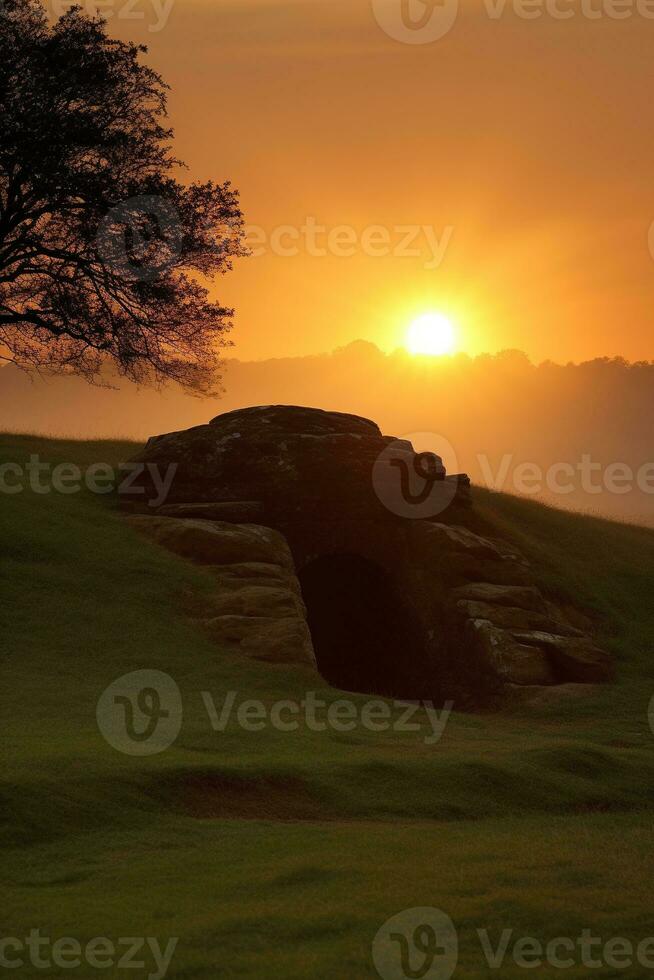 AI generated Sunrise over a megalithic tomb photo