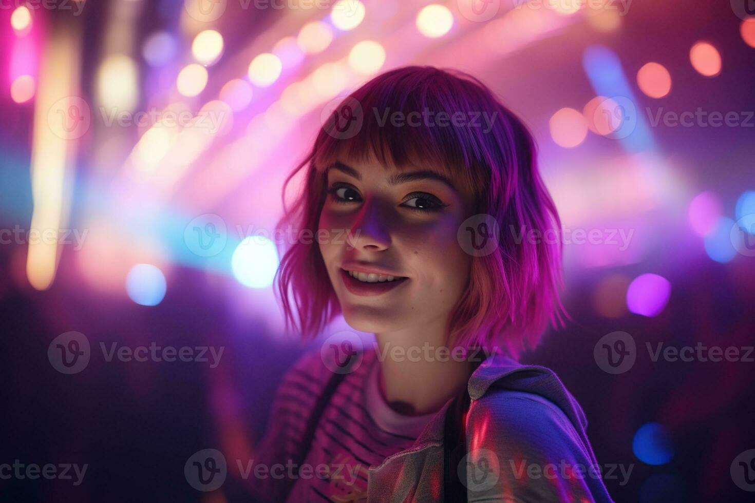 AI generated Portrait of a beautiful girl with short hair dancing in a nightclub photo