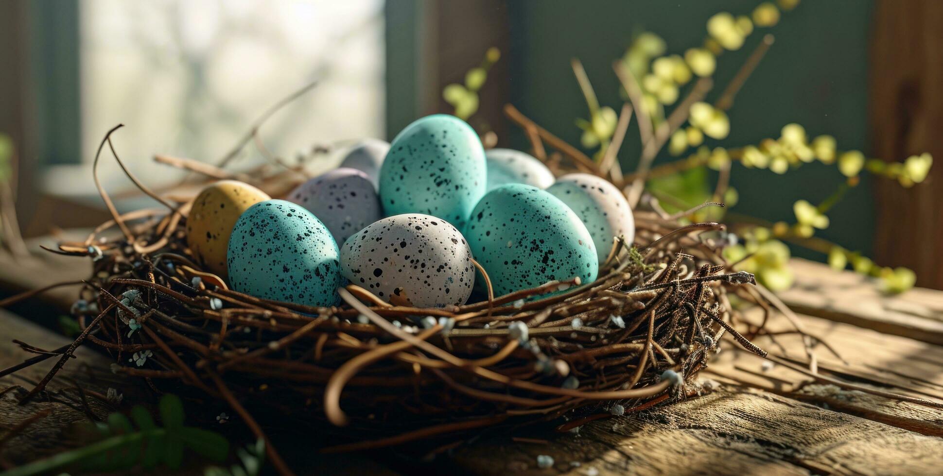 AI generated colorful easter eggs in a nest on a wooden table photo
