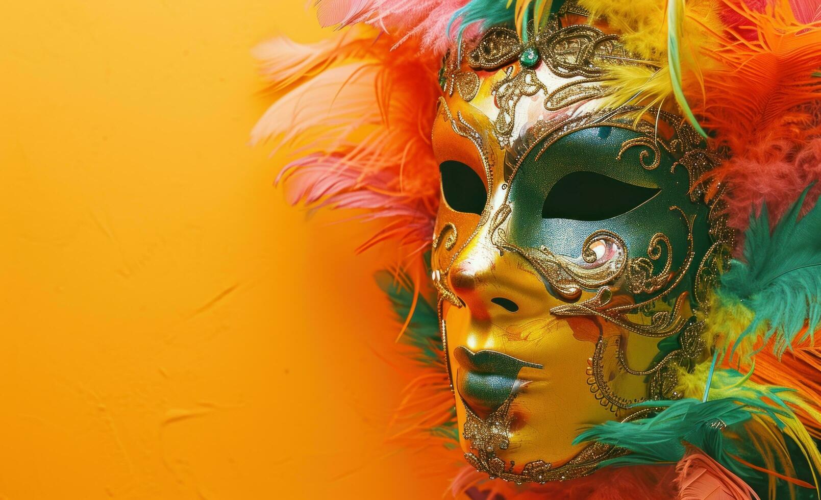 AI generated colorful mask on orange background with colorful feathers photo