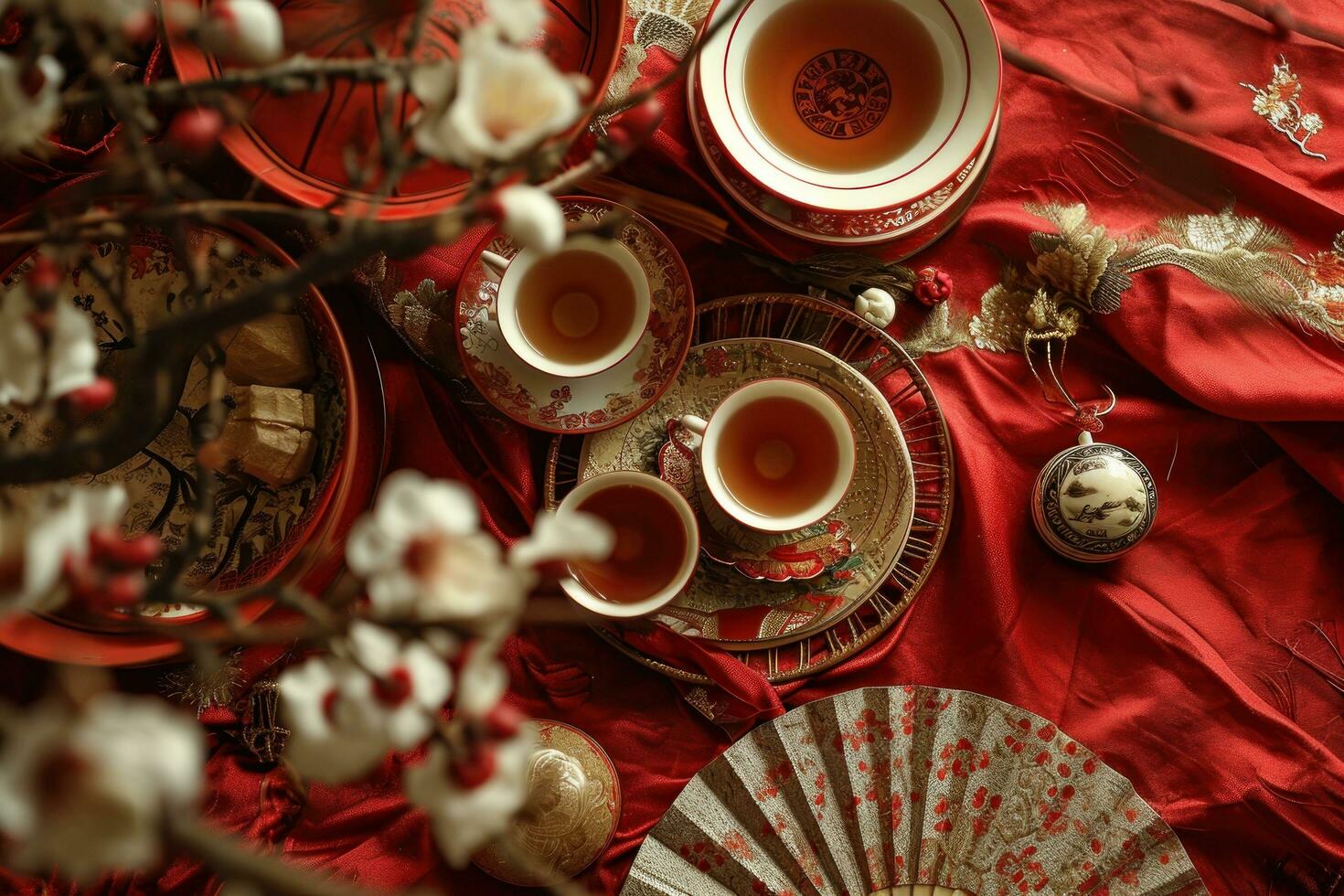 AI generated chinese new year, decoration of paper flower fan with traditional flora in pink background photo