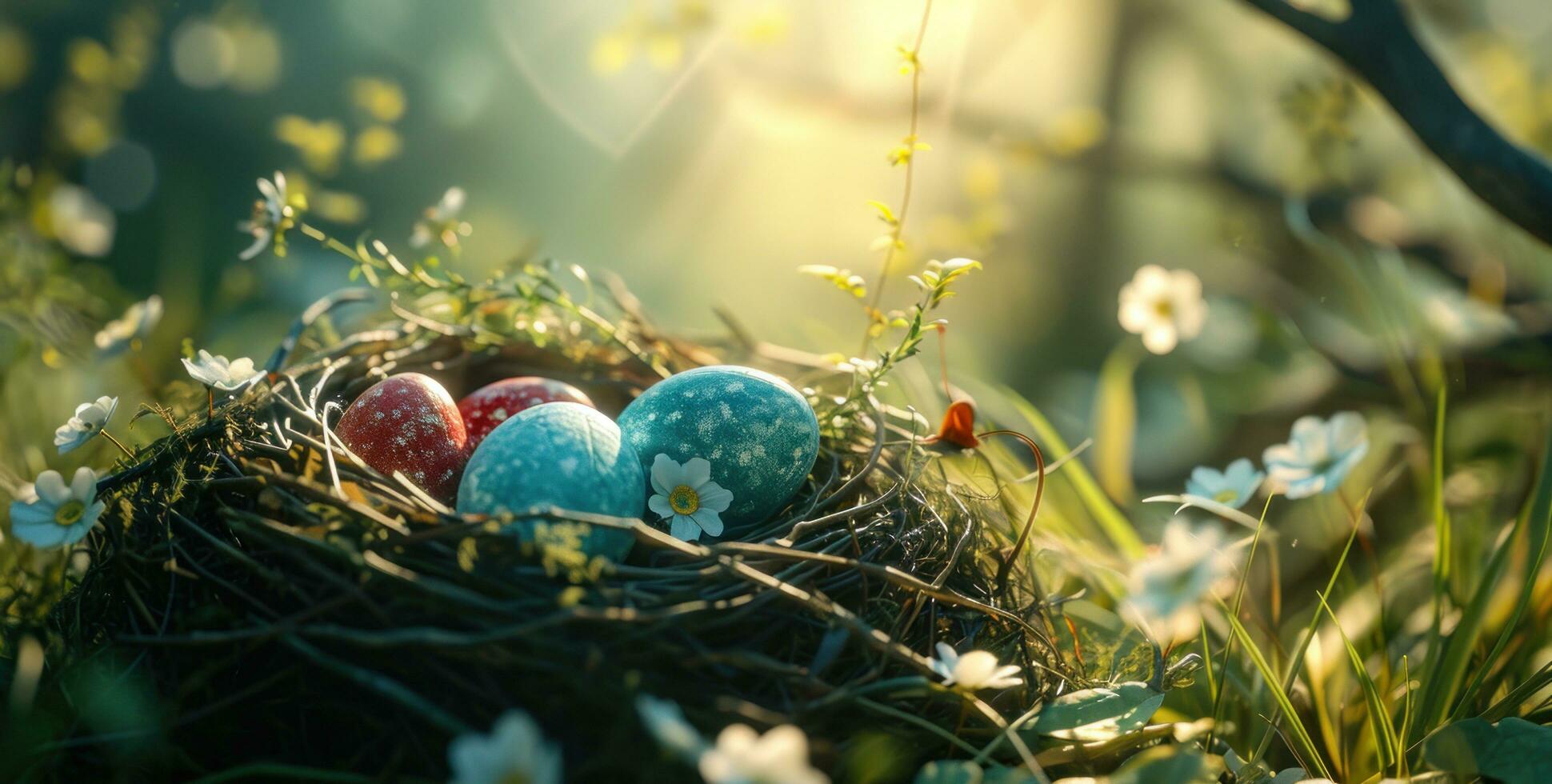 AI generated colorful easter eggs in a nest on a wooden table photo