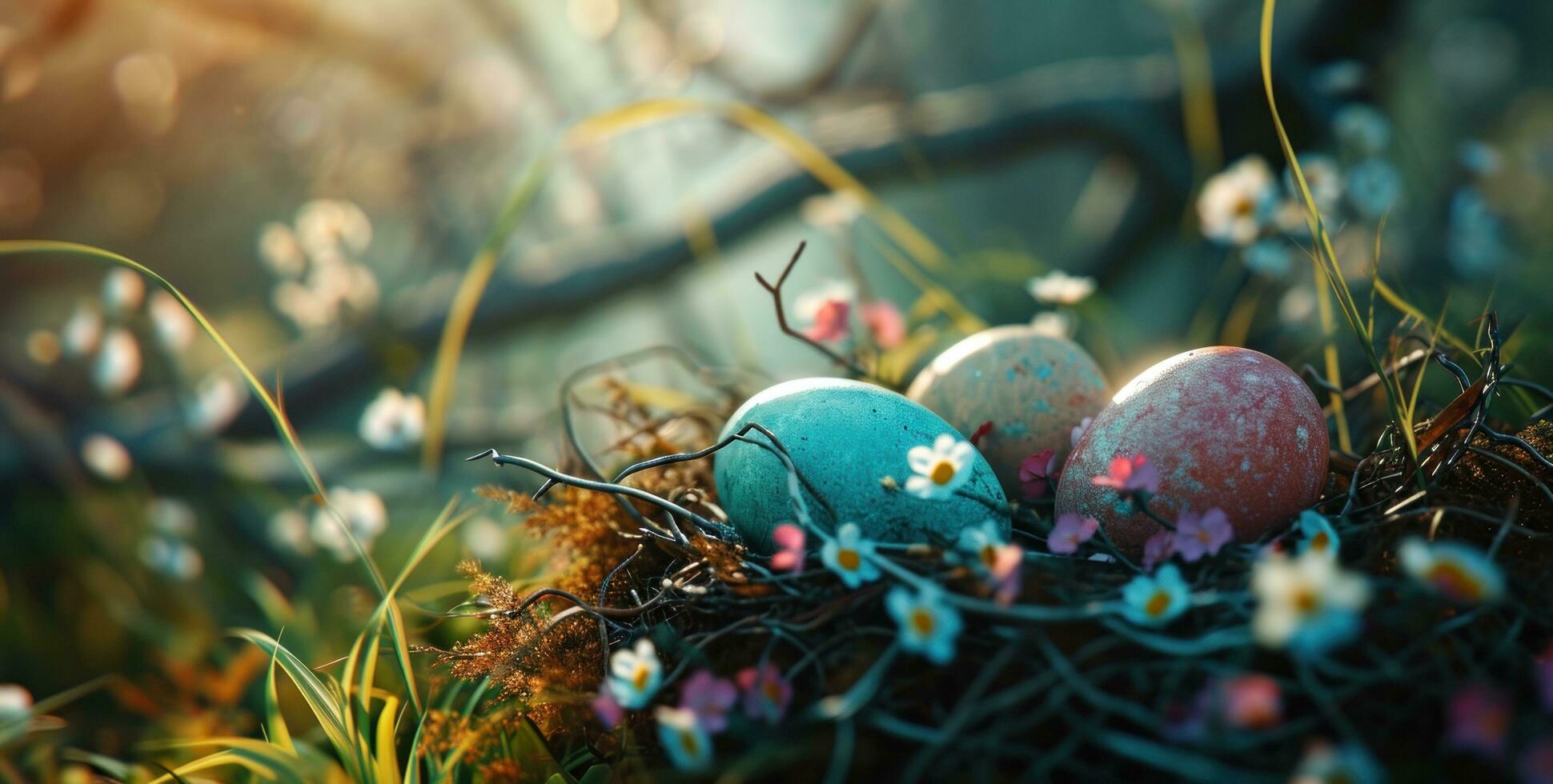 AI generated colorful easter eggs in a nest on a wooden table photo