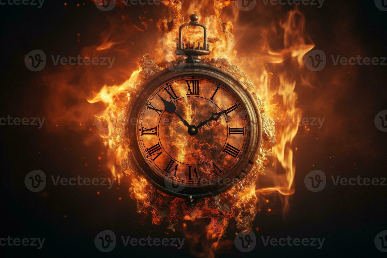 AI generated Alarm clock on fire background. Time is running out concept. photo