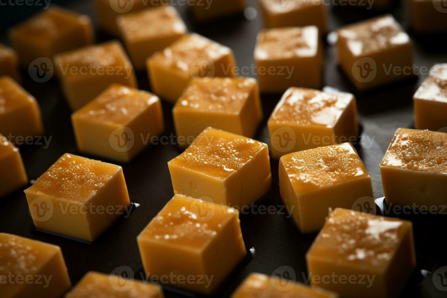 AI generated Close-up of a plate of yellow cheese cubes. photo