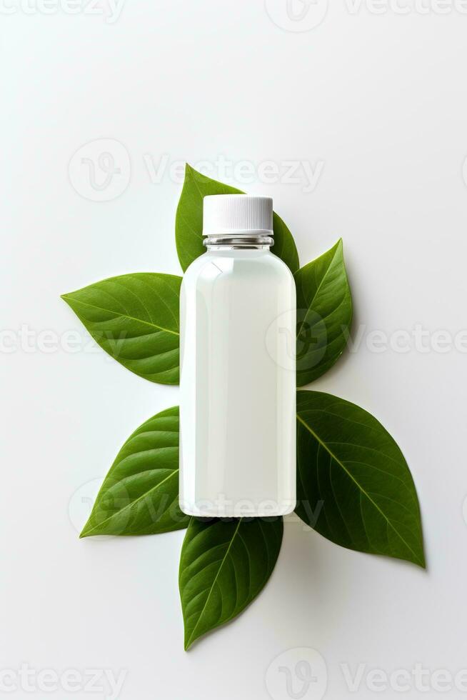 AI generated Blank cosmetic bottle with green leaves on white background photo