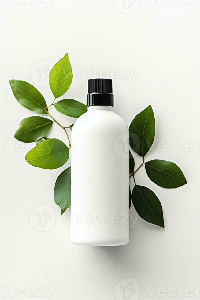 AI generated Blank cosmetic bottle with green leaves on white background photo