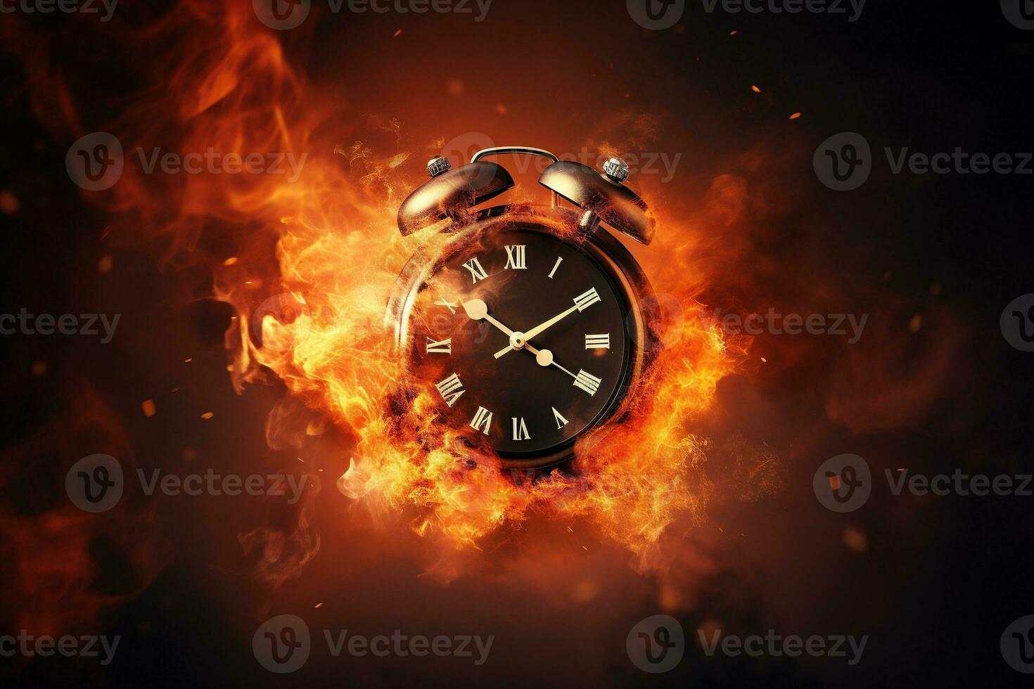 AI generated Alarm clock on fire background. Time is running out concept. photo