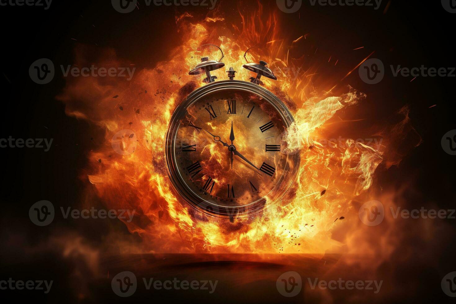 AI generated Alarm clock on fire background. Time is running out concept. photo