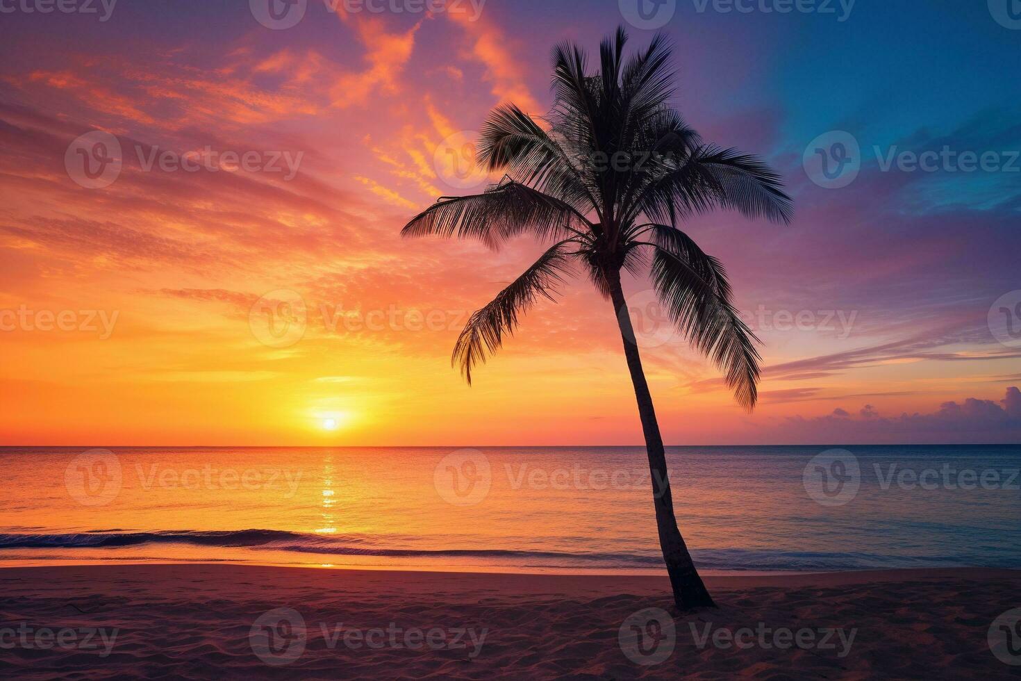 AI generated Beautiful nature tropical beach and sea with coconut palm tree at sunset time for travel and vacation photo