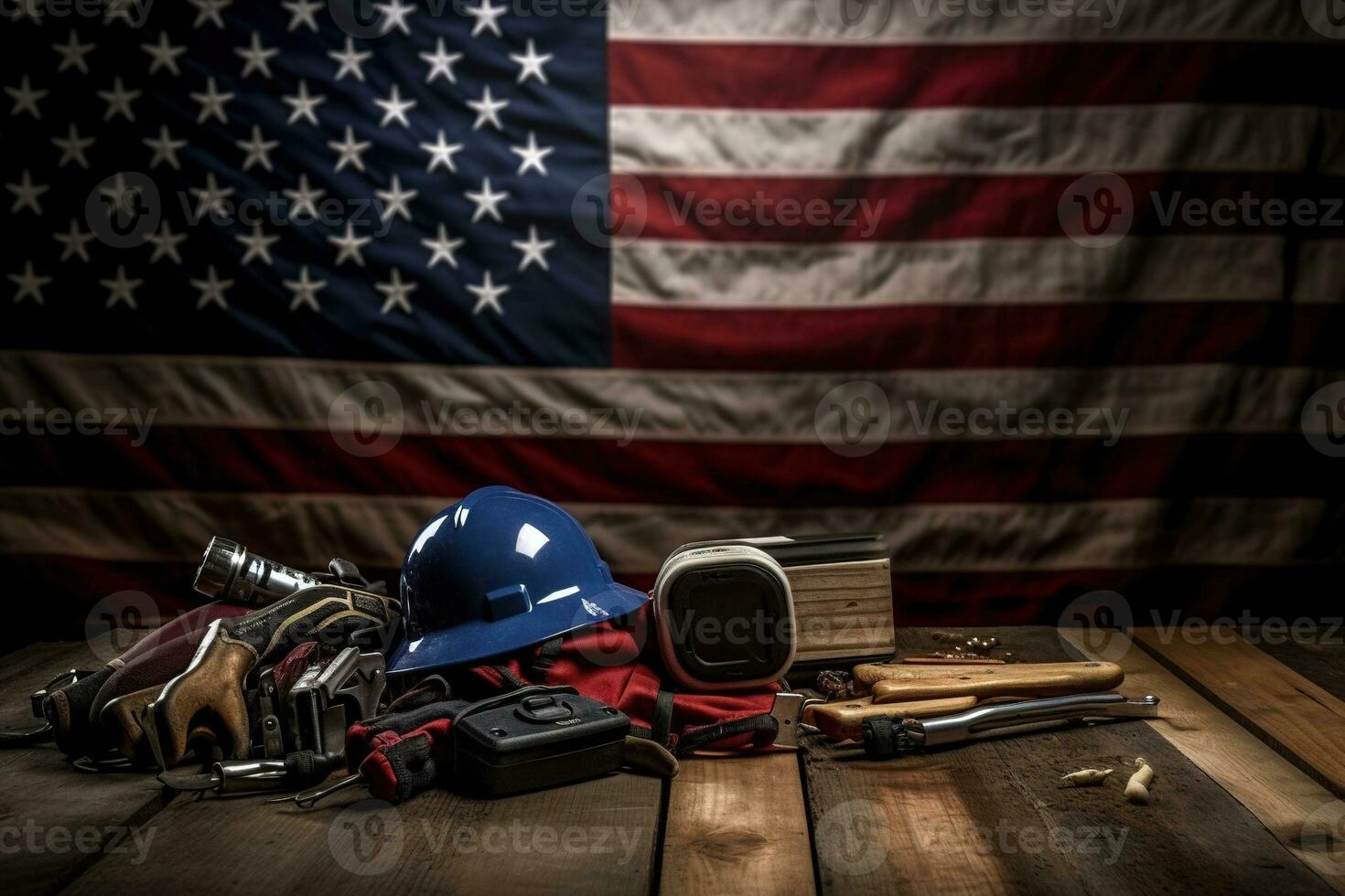 AI generated tools on a wooden table against the background of the American flag photo