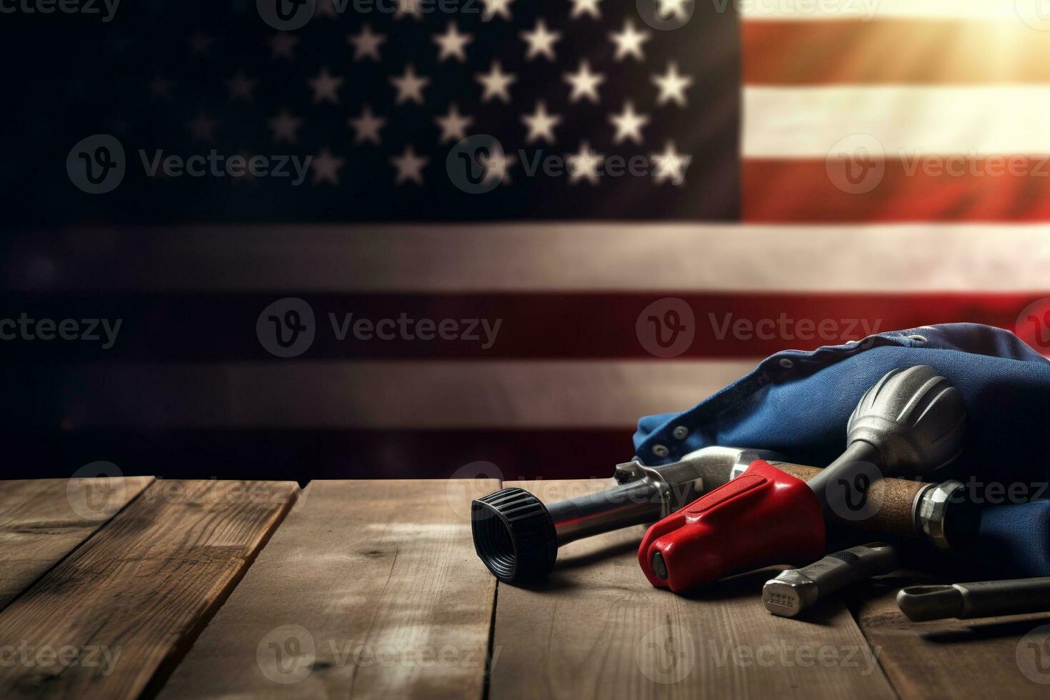 AI generated tools on a wooden table against the background of the American flag photo