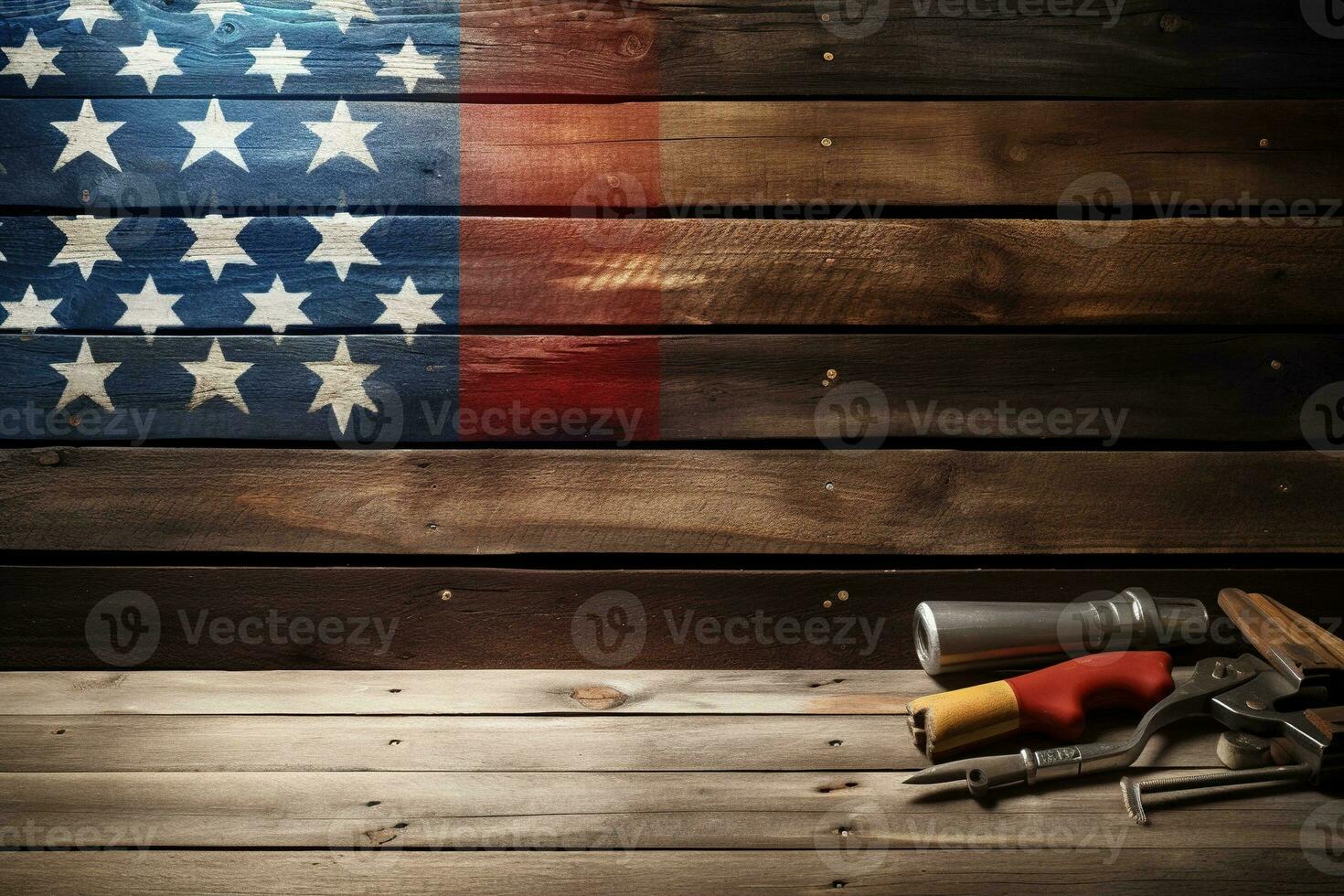 AI generated tools on a wooden table against the background of the American flag photo