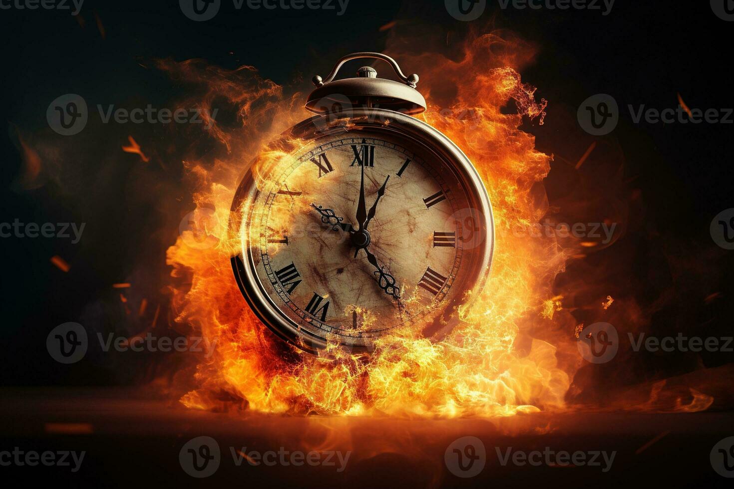 AI generated Alarm clock on fire background. Time is running out concept. photo