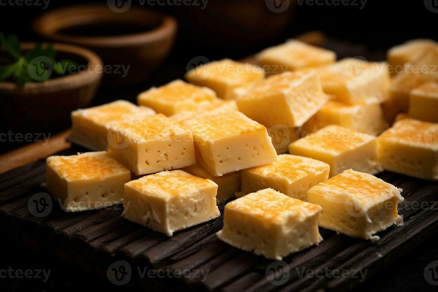 AI generated Close-up of a plate of yellow cheese cubes. photo