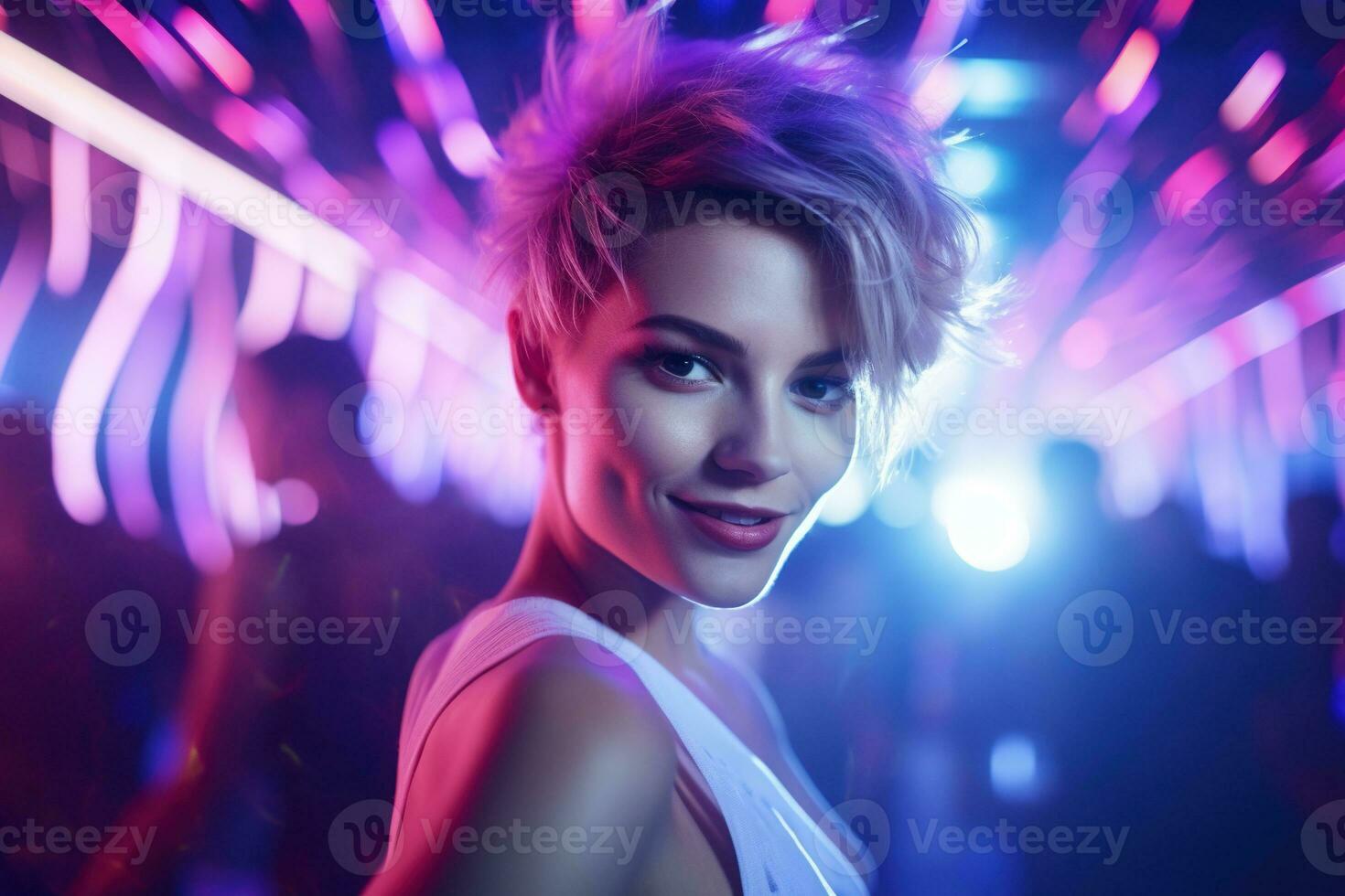 AI generated Portrait of a beautiful girl with short hair dancing in a nightclub photo