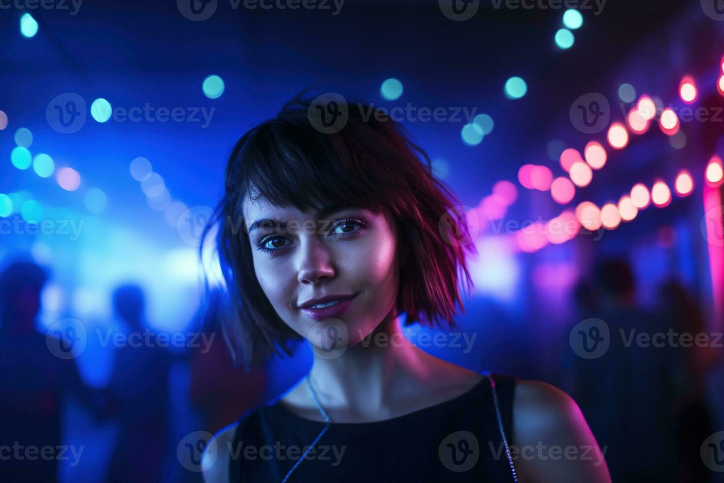 AI generated Portrait of a beautiful girl with short hair dancing in a nightclub photo