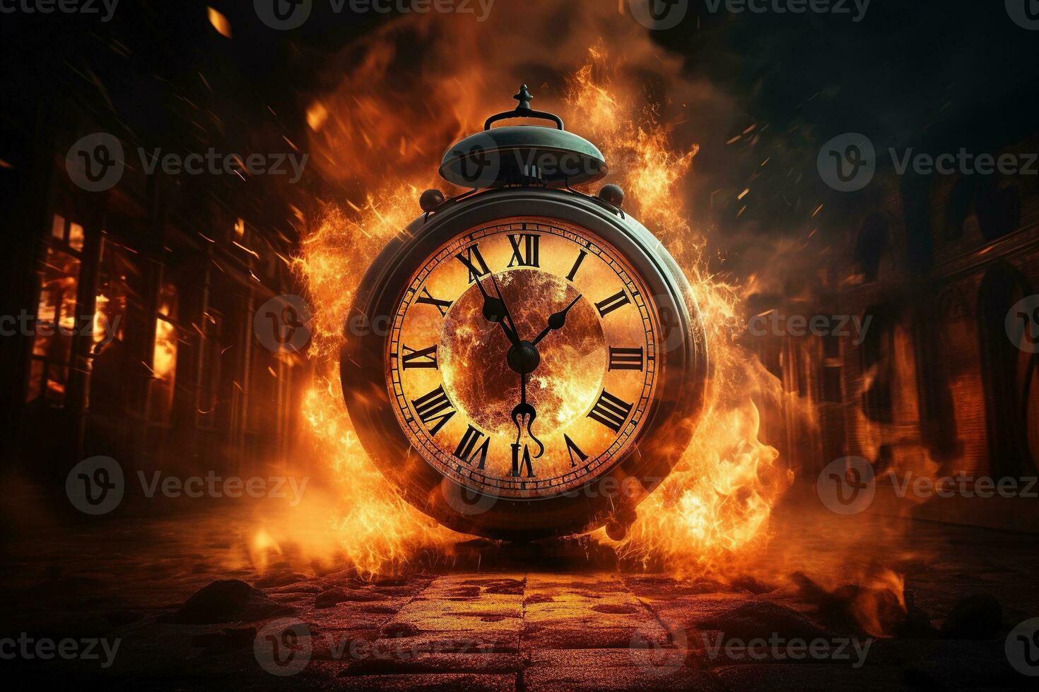 AI generated Alarm clock on fire background. Time is running out concept. photo