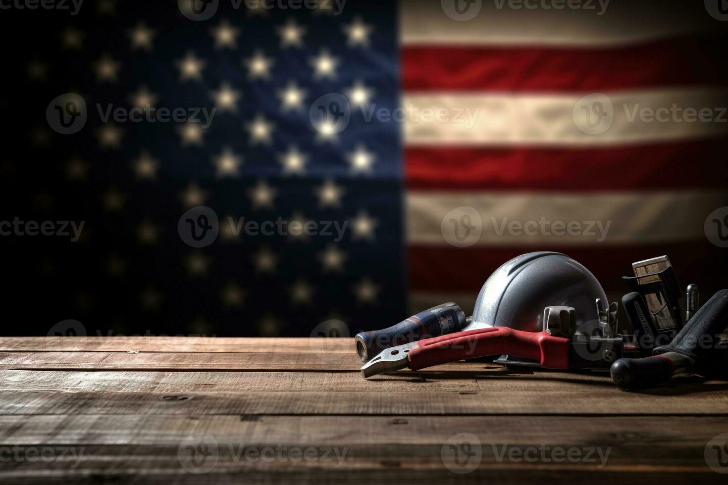 AI generated tools on a wooden table against the background of the American flag photo