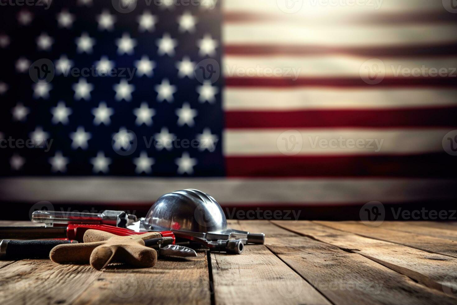 AI generated tools on a wooden table against the background of the American flag photo