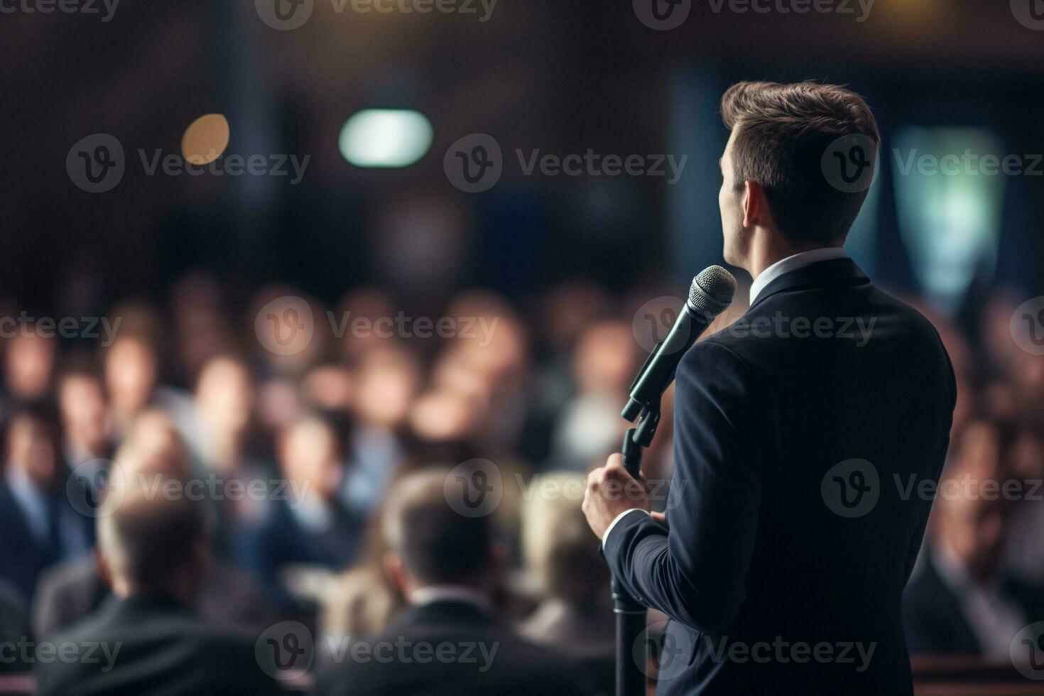 AI generated Speaker Giving a Talk at Business Conference. Audience at the conference hall. Business and Entrepreneurship. photo