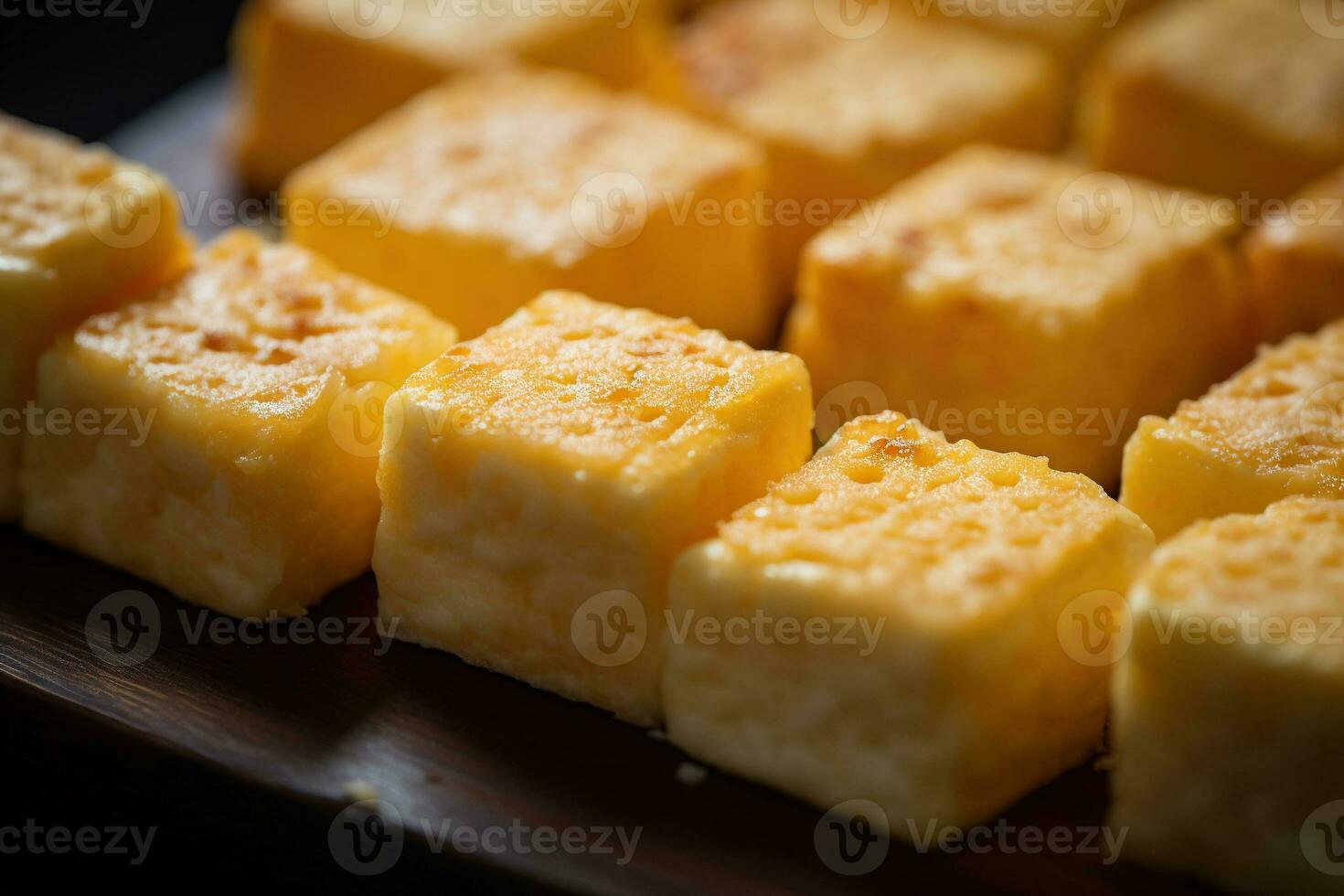 AI generated Close-up of a plate of yellow cheese cubes. photo