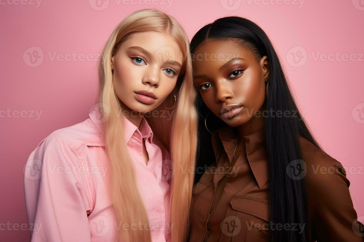 AI generated fashionable Two young multiracial women posing together isolated on pink background photo