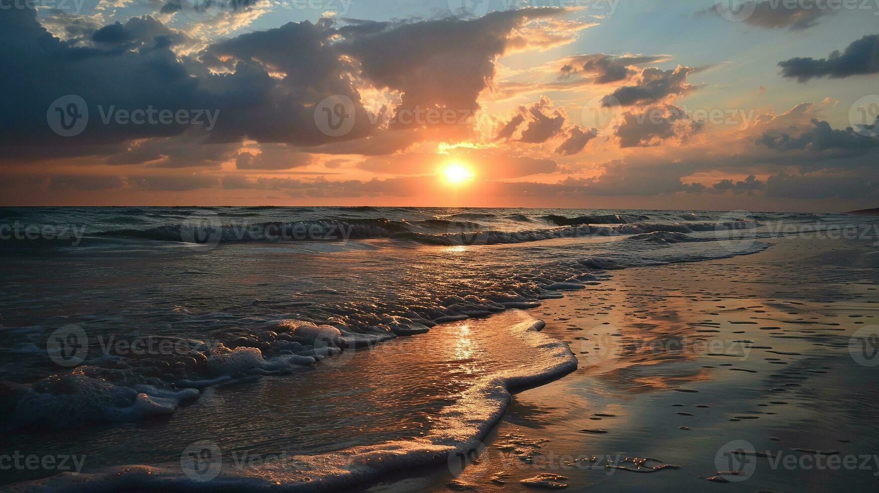 AI generated Beautiful sunset on the beach. Sea waves and splashes. photo