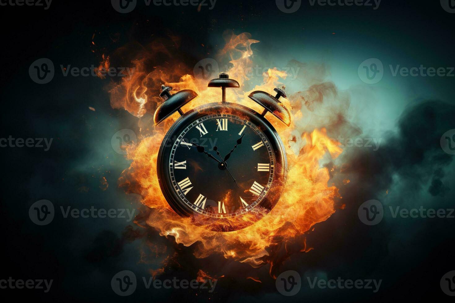 AI generated Alarm clock on fire background. Time is running out concept. photo