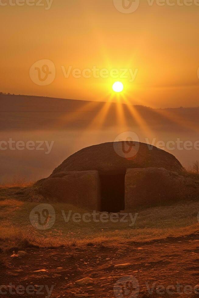 AI generated Sunrise over a megalithic tomb photo