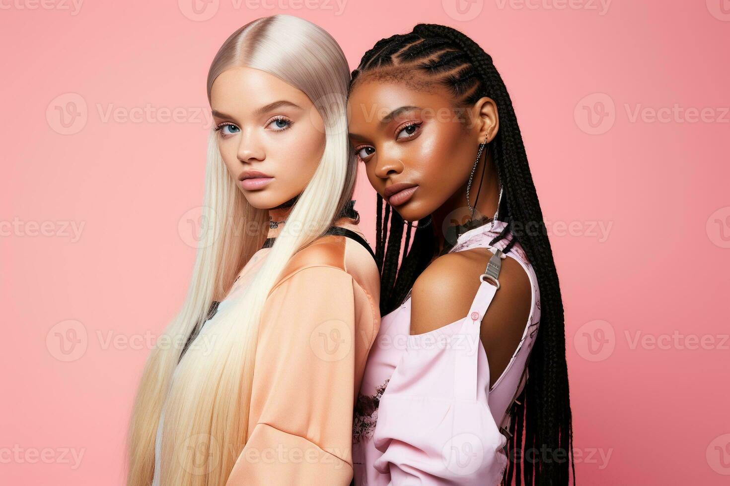AI generated fashionable Two young multiracial women posing together isolated on pink background photo