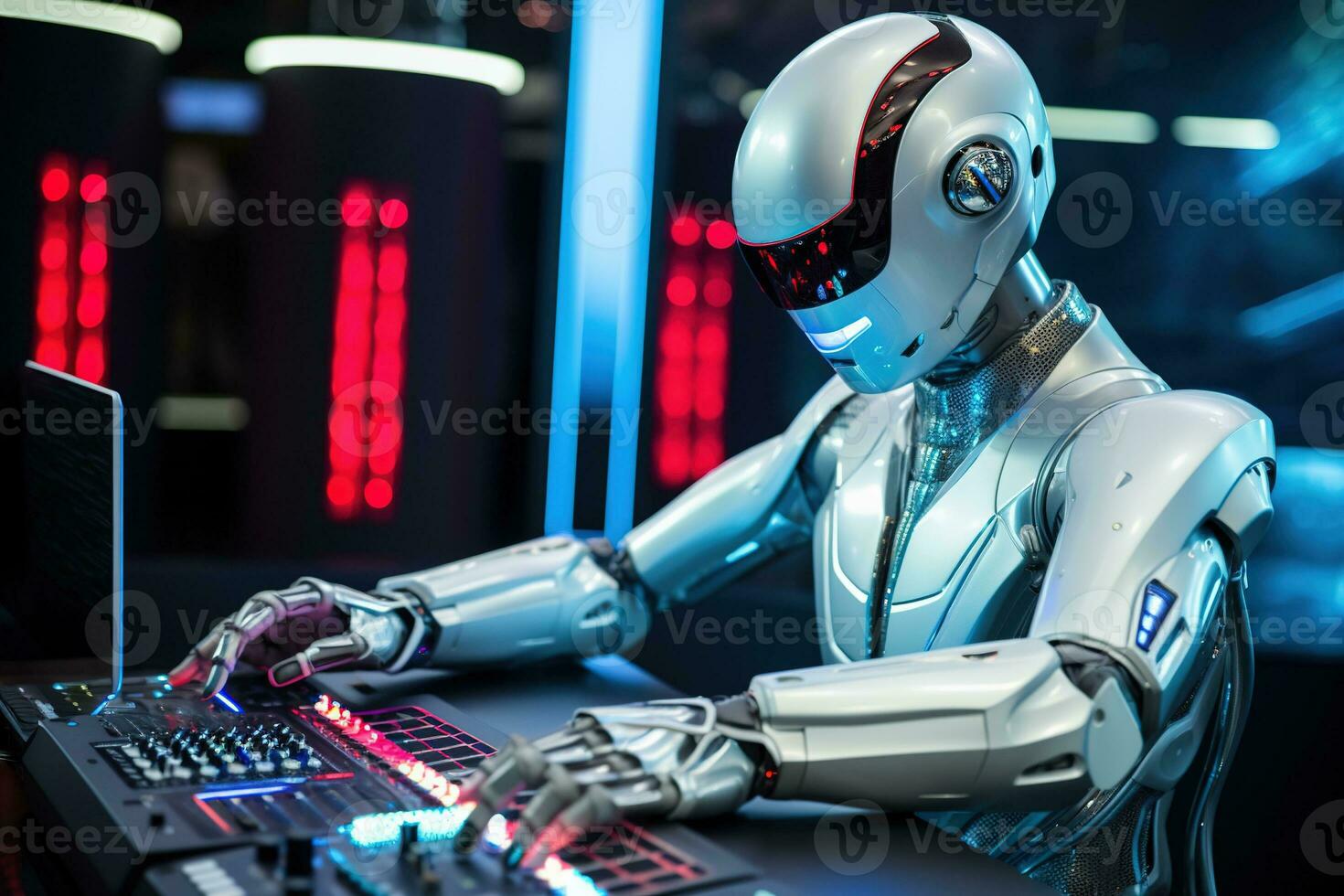 AI generated Robot humanoid working on a computer in a nightclub photo