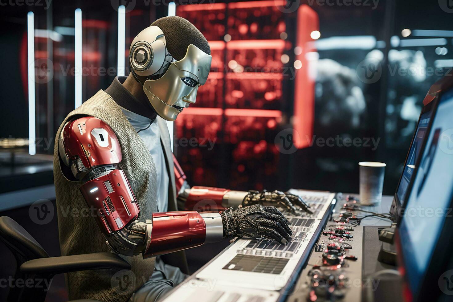 AI generated Robot humanoid working on a computer in a nightclub photo