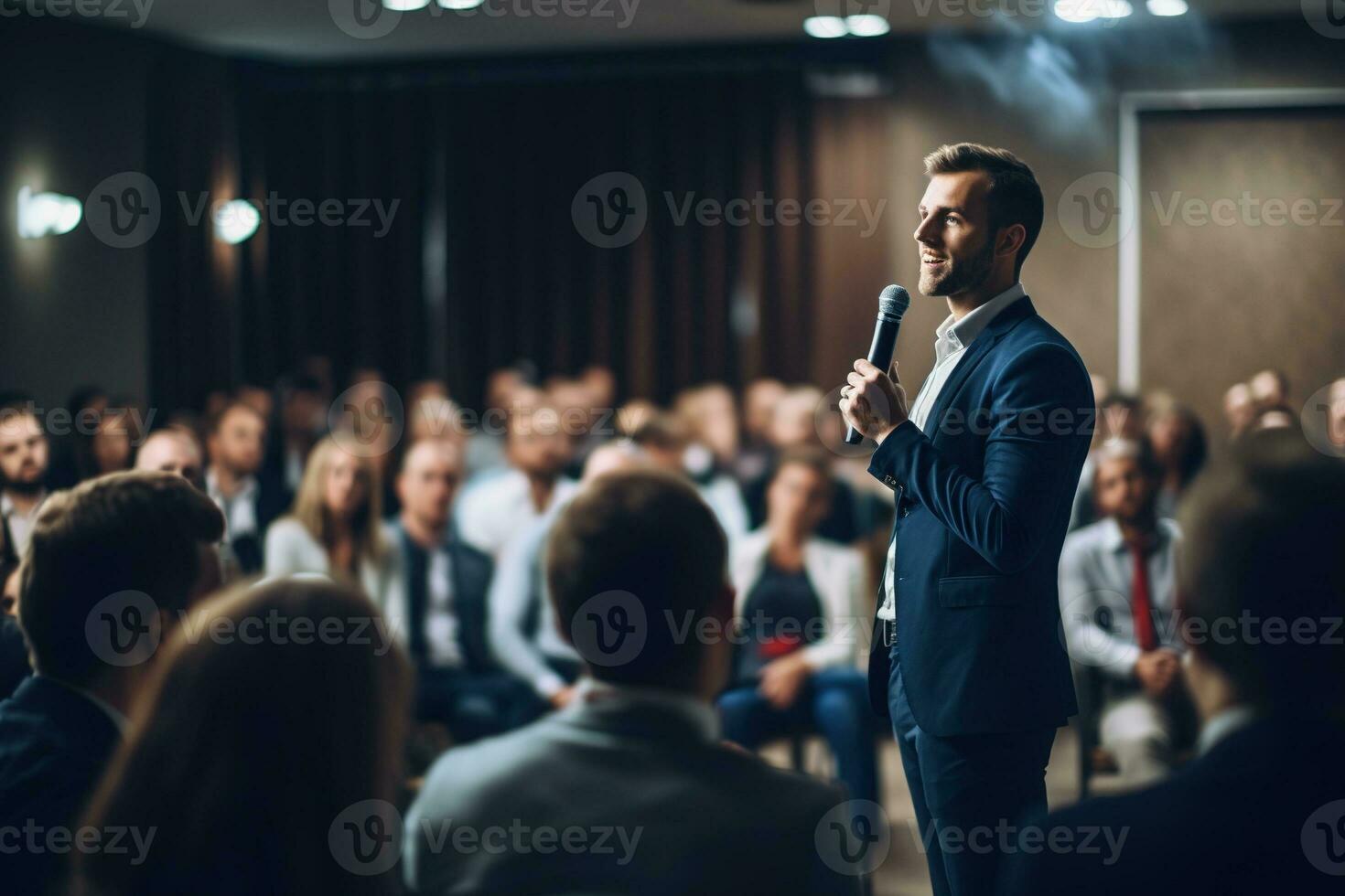 AI generated Speaker Giving a Talk at Business Conference. Audience at the conference hall. Business and Entrepreneurship. photo