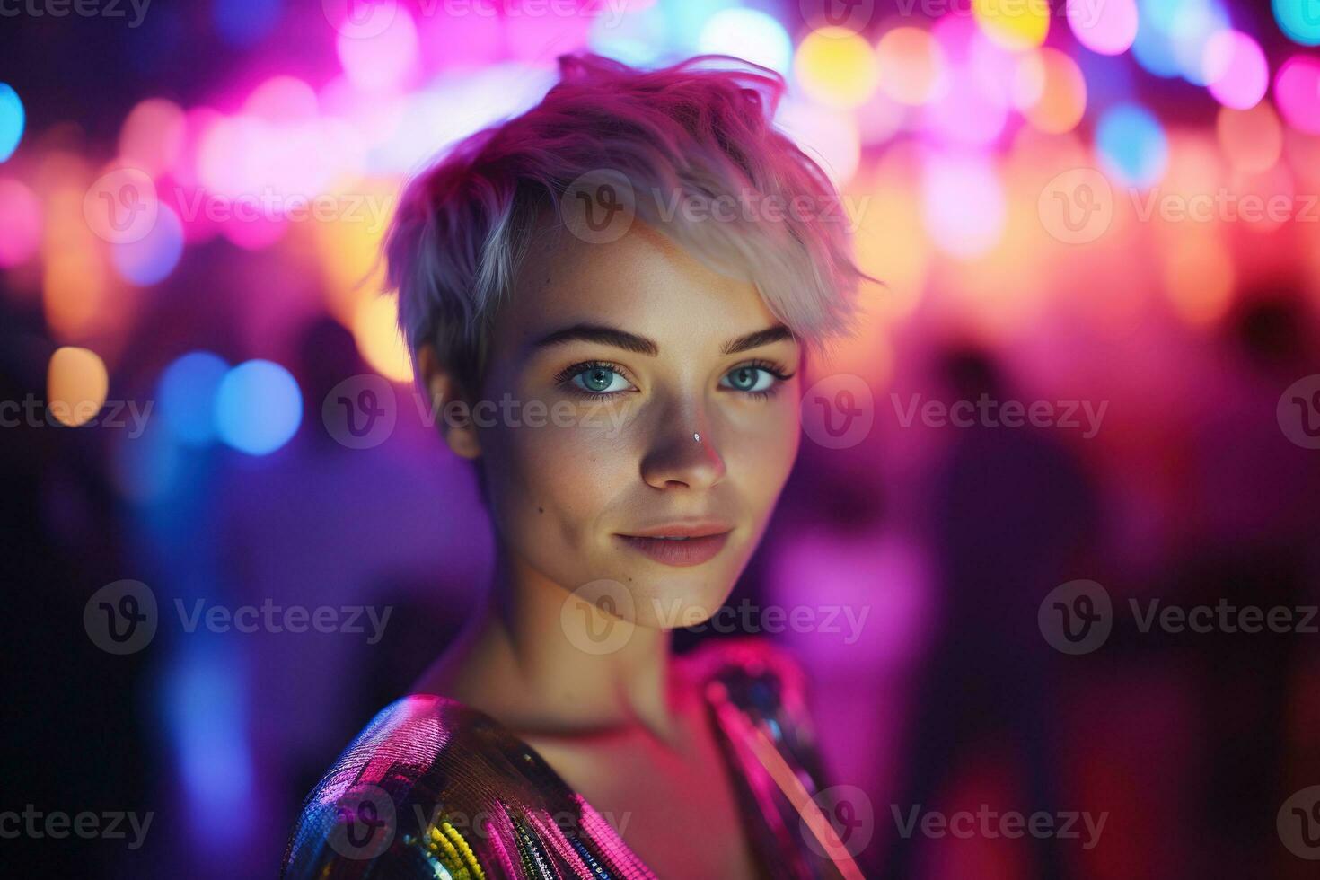 AI generated Portrait of a beautiful girl with short hair dancing in a nightclub photo