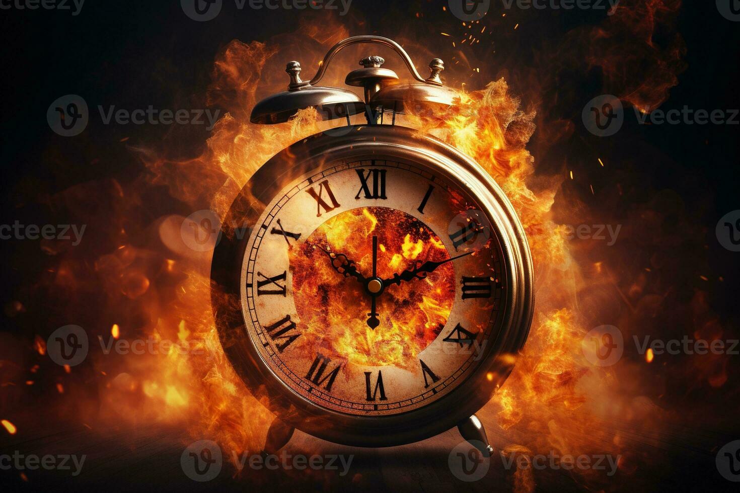 AI generated Alarm clock on fire background. Time is running out concept. photo