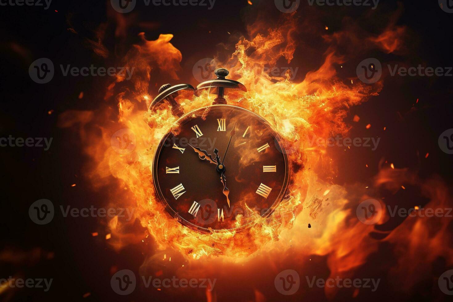 AI generated Alarm clock on fire background. Time is running out concept. photo