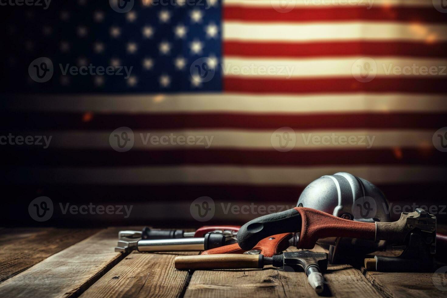 AI generated tools on a wooden table against the background of the American flag photo