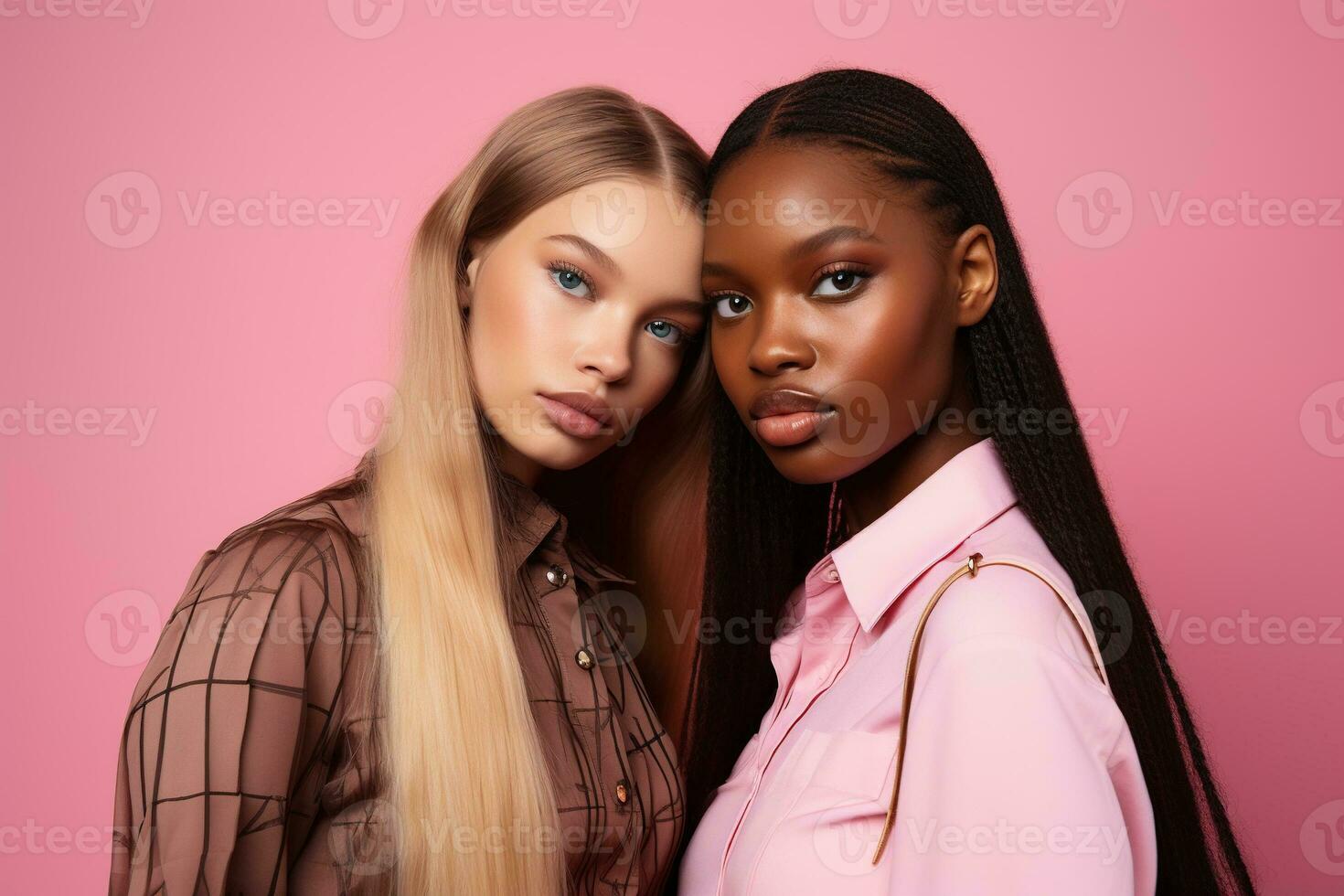 ai generado de moda dos joven multirracial mujer posando juntos aislado en rosado antecedentes foto