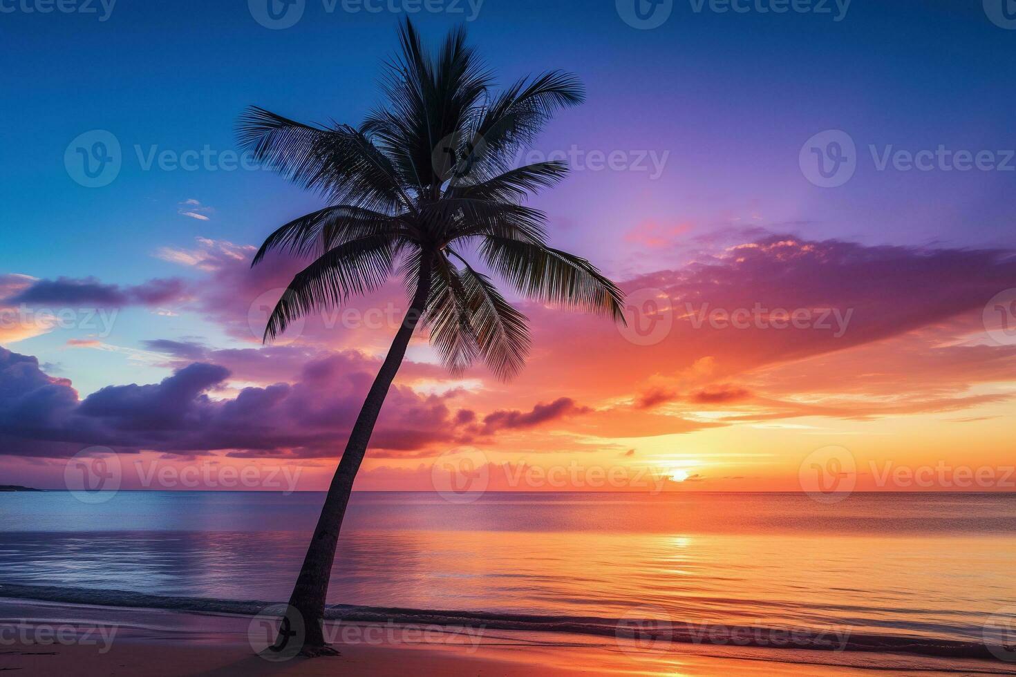 AI generated Beautiful nature tropical beach and sea with coconut palm tree at sunset time for travel and vacation photo
