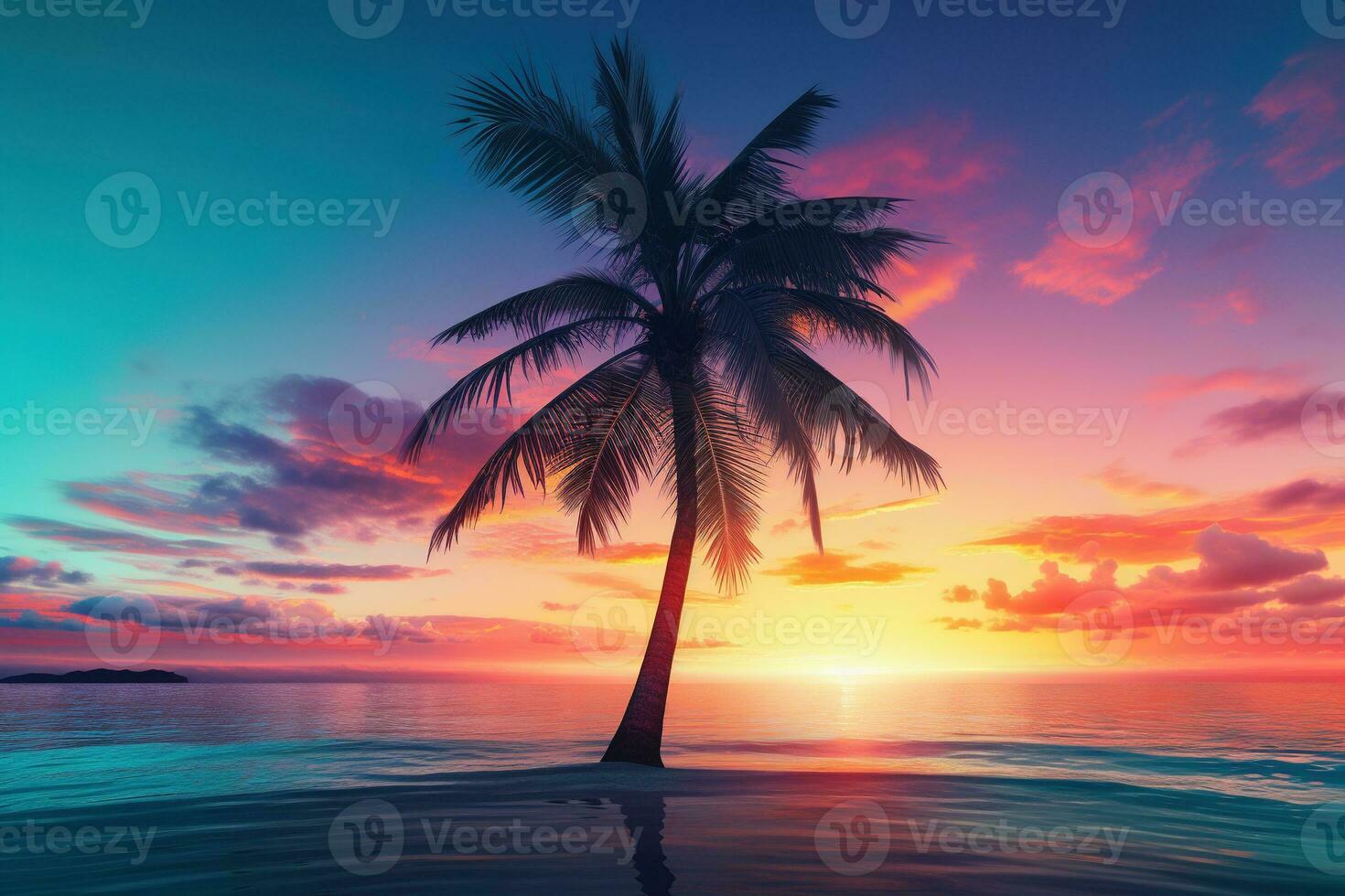 AI generated Beautiful nature tropical beach and sea with coconut palm tree at sunset time for travel and vacation photo