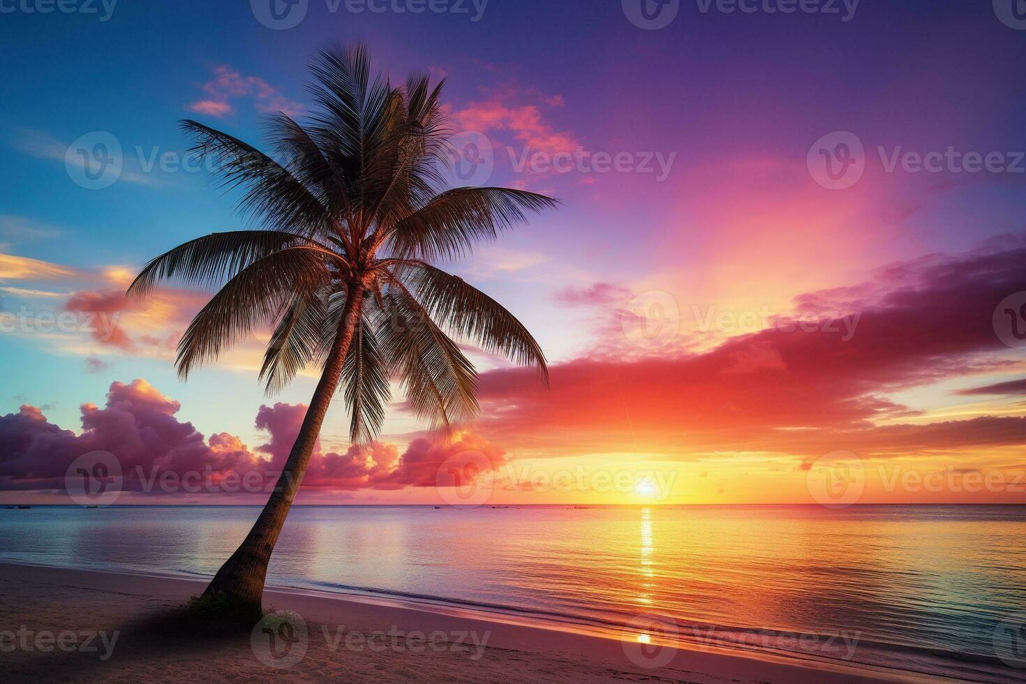 AI generated Beautiful nature tropical beach and sea with coconut palm tree at sunset time for travel and vacation photo