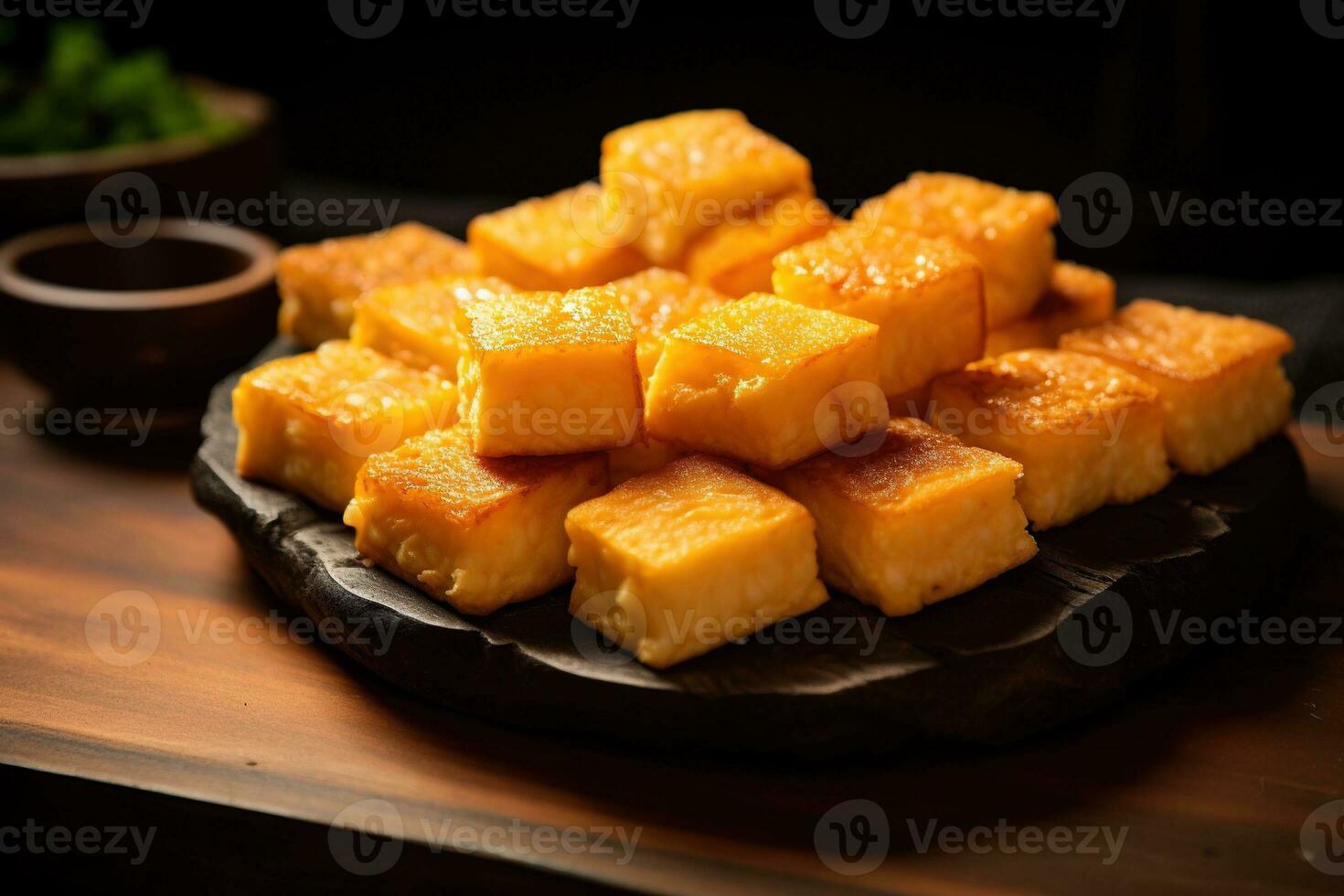 AI generated Close-up of a plate of yellow cheese cubes. photo