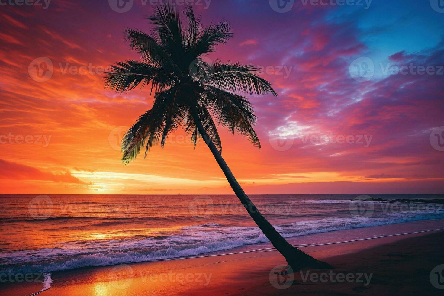 AI generated Beautiful nature tropical beach and sea with coconut palm tree at sunset time for travel and vacation photo