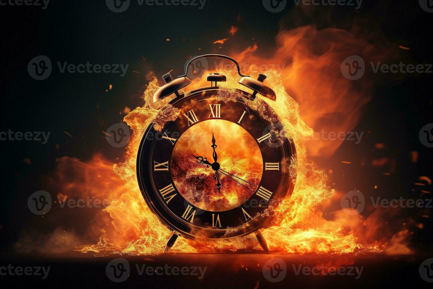 AI generated Alarm clock on fire background. Time is running out concept. photo