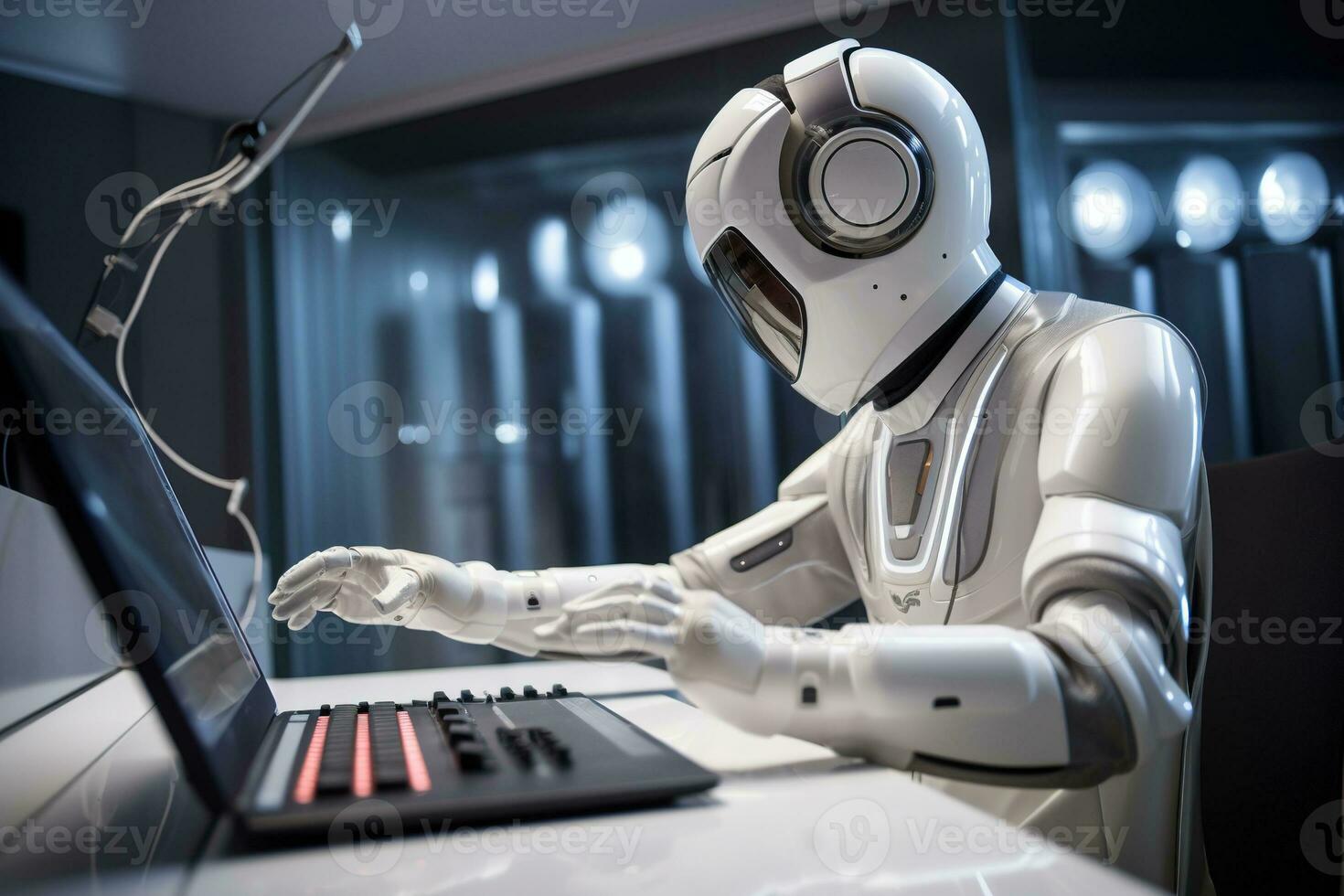AI generated Robot humanoid working on a computer in a nightclub photo